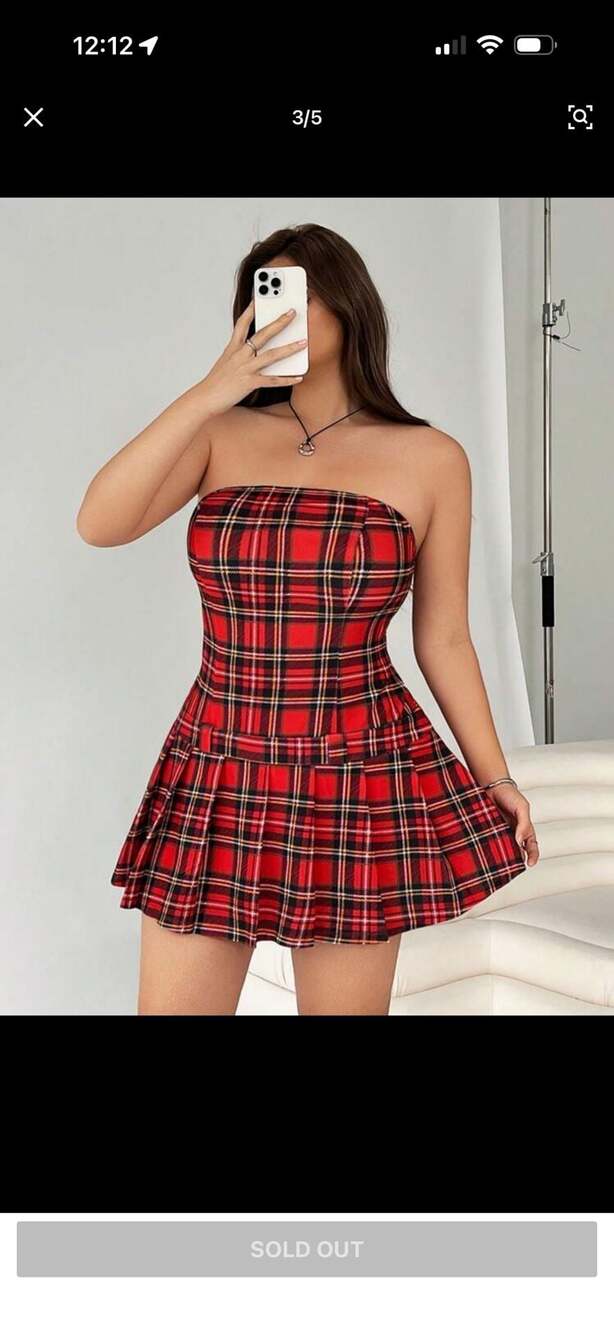 SHEIN Petite Off-Shoulder Tube Top Red Plaid Pleated Mini Dress